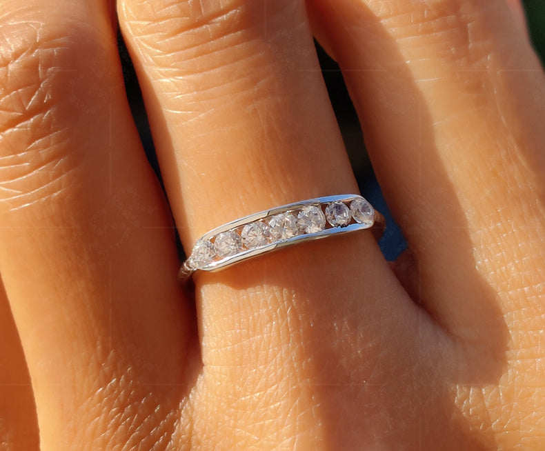 Anniversary Gold Ring - Stunning Silver and Solid Gold Round Colorless Moissanite Channel Set Ring. Moissanite Stackable Beauty, Perfect for a Dainty Minimalist Look