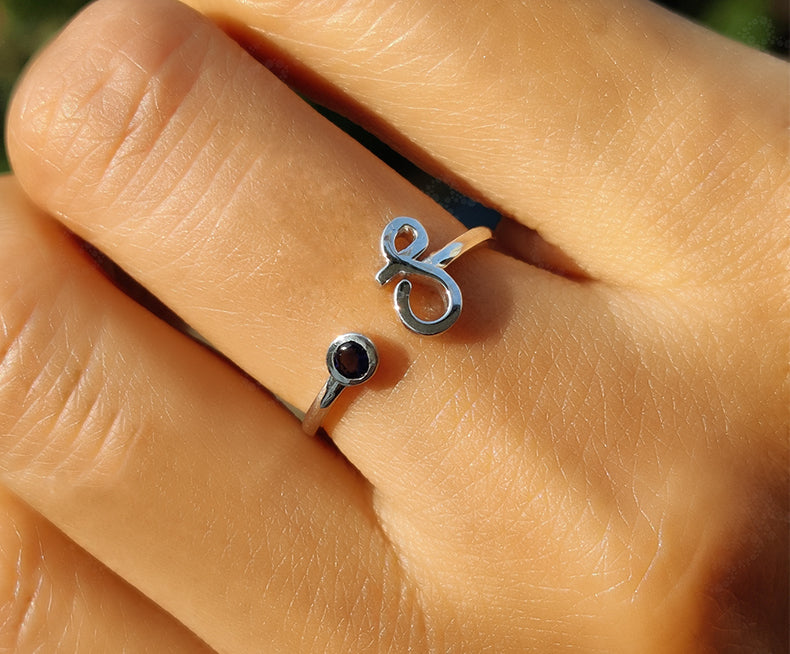 Cherished Connections: Personalized Initial Birthstone Ring in Silver and Gold - The Perfect Birthday Gift for Mom, Featuring an Open Design Symbolizing Mother and Child Bond