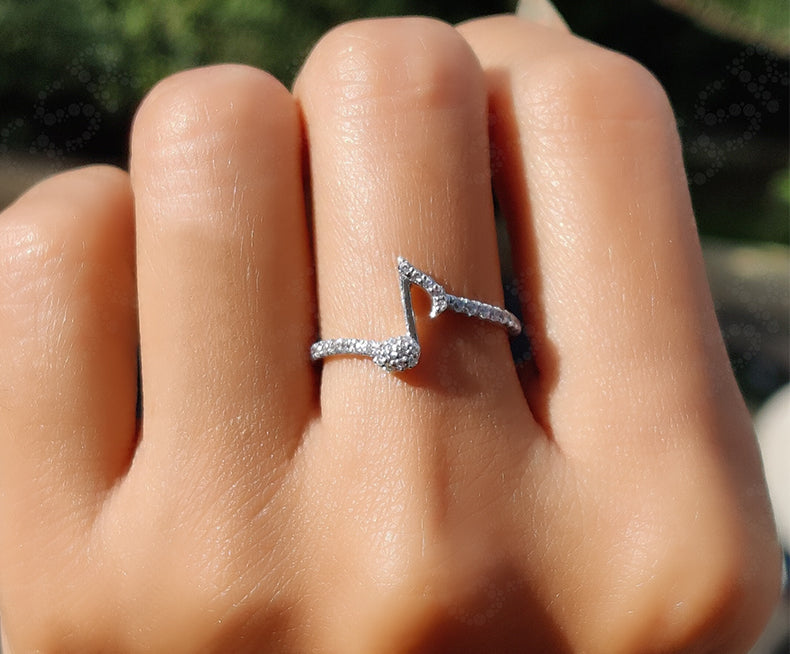 Elegant Musical Note Ring - Silver and Gold Music Symbol Stackable Beauty with Colorless Moissanite - Perfect Quaver Note Ring for Music Lover's Gift and Musical Jewelry