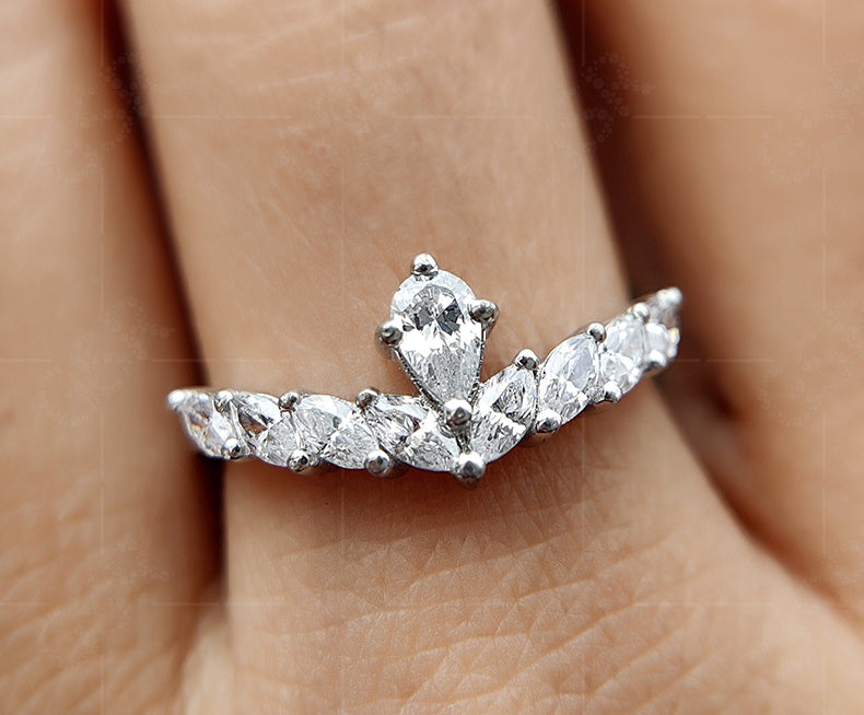 Elegant Marquise Cut and Pear Shaped Wedding Band - Ideal Anniversary Ring for Women - Chevron Matching Band with Moissanite Stones - Versatile Bridal Stacking Beauty