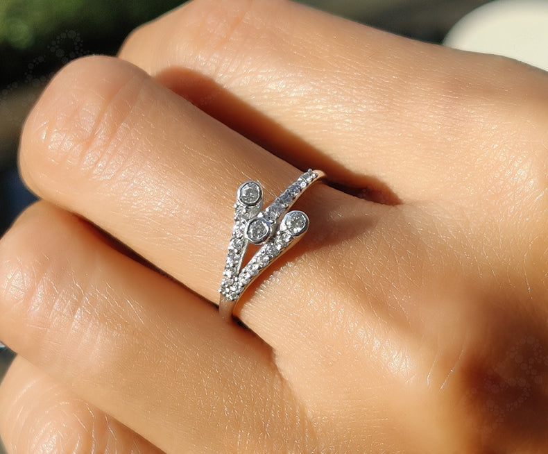 Elegant Unique Stacking Ring - Round Colorless Moissanite Beauty in Dainty Silver and Gold - Versatile Stackable Ring with Cross Over Split Shank - Minimalist Style