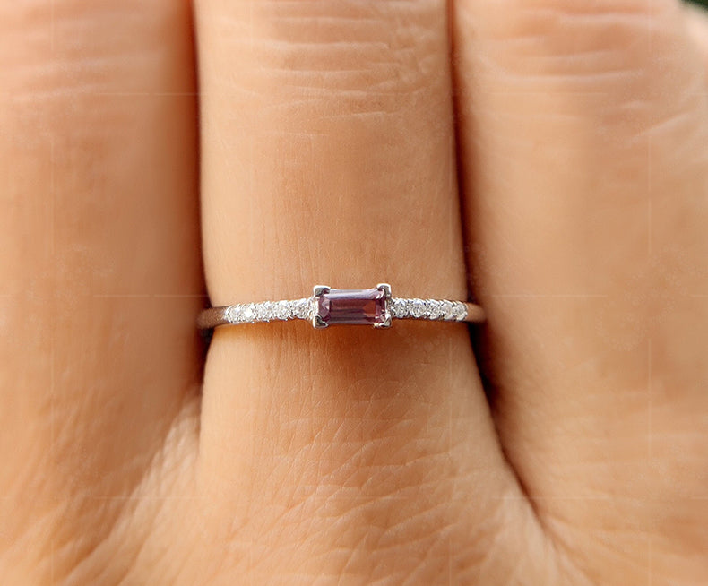 Elegant Alexandrite Baguette Ring - Perfect Stackable Birthstone Ring for Women - Dainty Stacking Beauty, Ideal for Minimalist Delicate Ring or Mothers Birthstone Ring