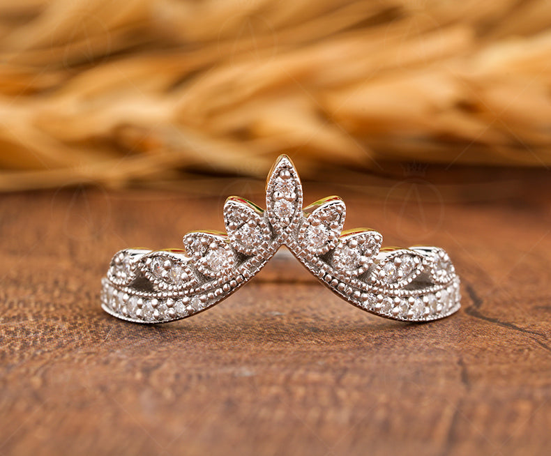 Moissanite Vintage Milgrain Band, V Shaped Wedding Band Women, Curved leaf Style Nature Inspired Band, Solid Gold Chevron Matching Band