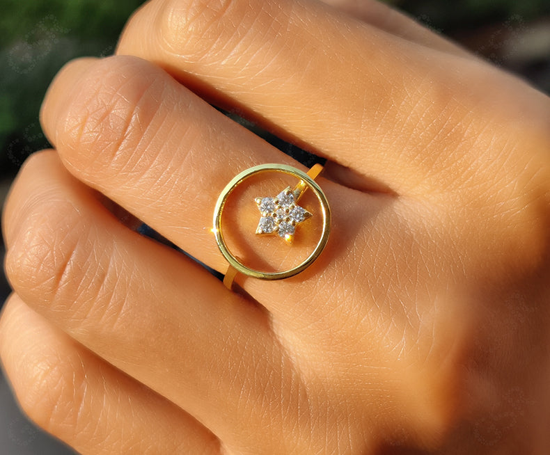 Elegant Hollow Circle Star Dainty Gold Minimal Ring - Silver and Gold Stackable Beauty - Moissanite Stacking Ring, a Perfect Anniversary Gift and Minimalist Delight