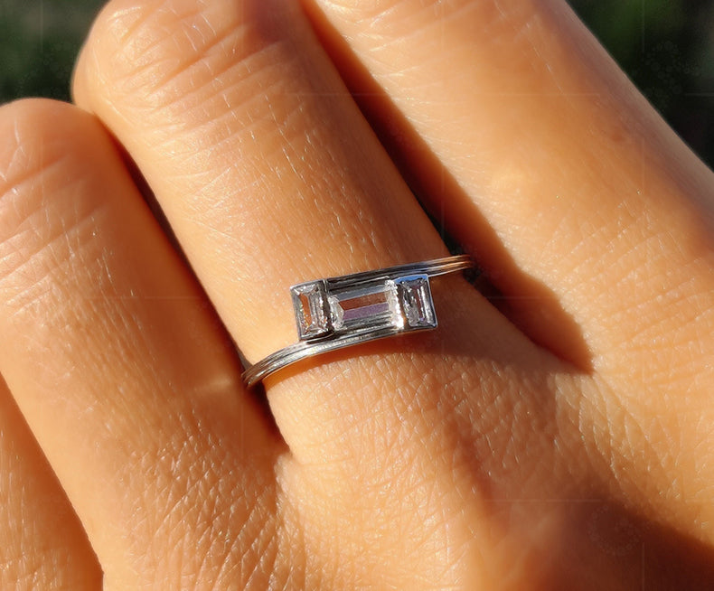 Elegance in Every Detail: Three Baguette Moissanite Ring in Minimalist Gold - A Swirl Bypass Style Ring That Exudes Uniqueness and Sophistication for Women's Wedding Rings