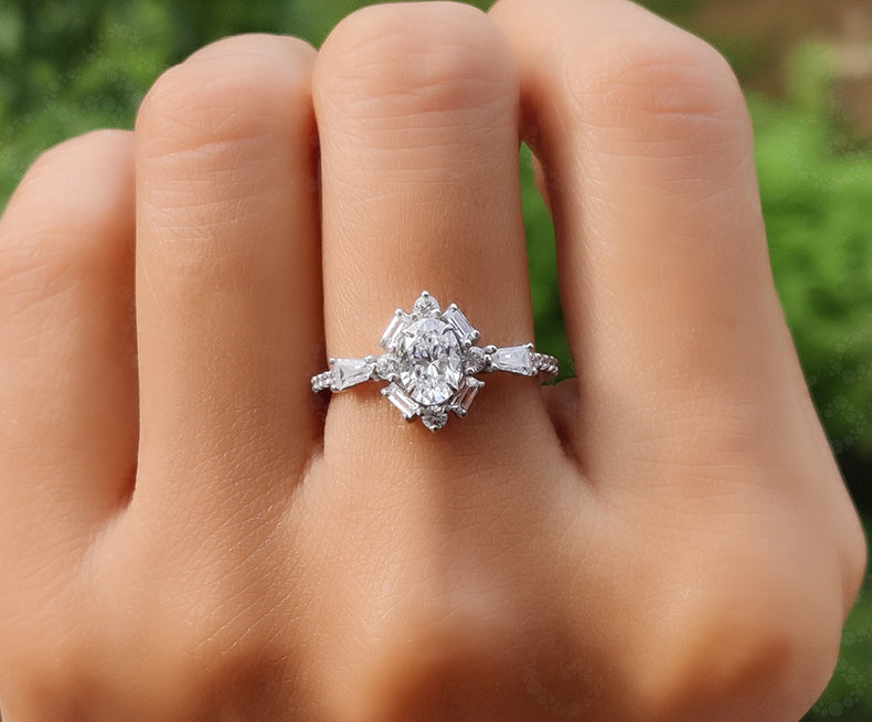 Elegant Oval Solitaire Halo Engagement Ring - Silver and Gold Minimalist Beauty with Colorless Moissanite - Dainty Wedding Ring