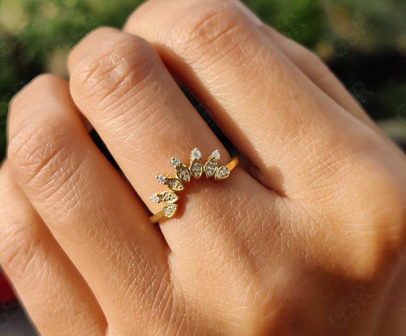 Elegant Curved Gold Wedding Band - Perfect Stackable Round Moissanite Ring with Nesting Dainty Beauty - Silver and Gold Stacking Ring, Ideal Crown Style Matching Band