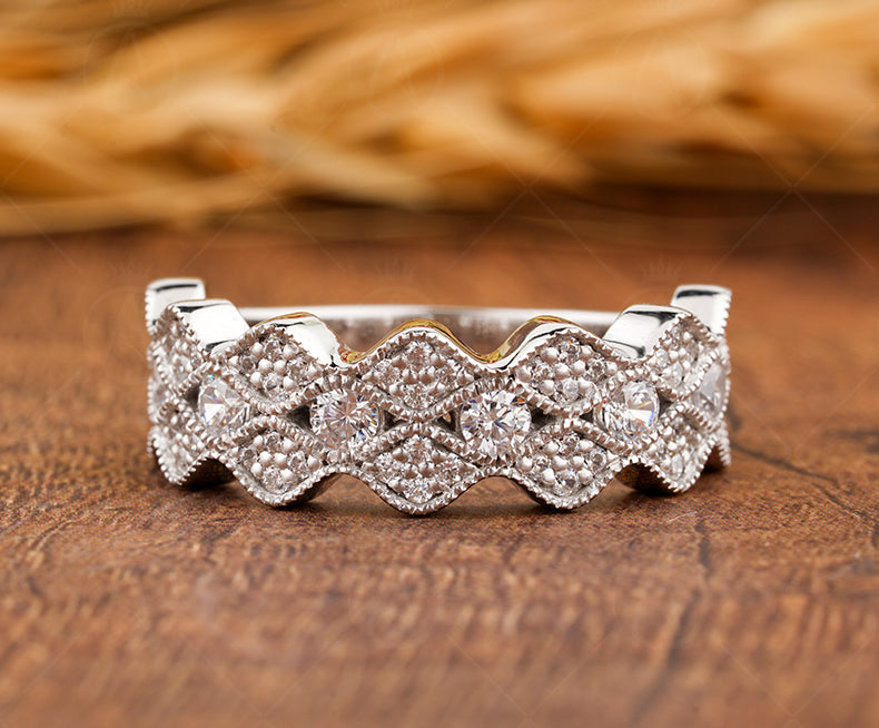 Gelson World Art Deco Vintage Wedding Band Women, Moissanite Ring Band, Milgrain Vintage Band, Scalloped Edge Band, Unique Moissanite Anniversary Bands