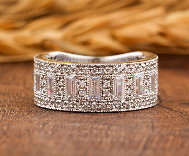 Gelson World Vintage Milgrain Wedding Band, Wide Band Rings For Women, Baguette And Round Anniversary Band, Unique Engagement Band, Art Deco Promise Band