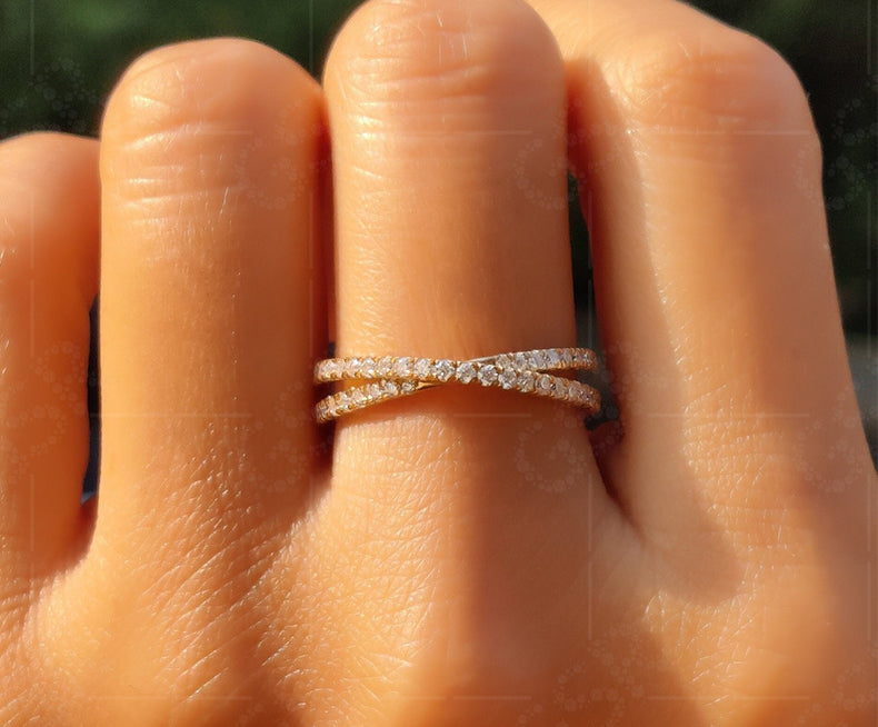 Radiant Union: Silver and Gold X Ring - A Criss Cross Wedding Ring, a Minimalist Marvel, and an X-Shaped Moissanite Ring Creating an Exquisite Overlapping Criss-Cross Statement Ring