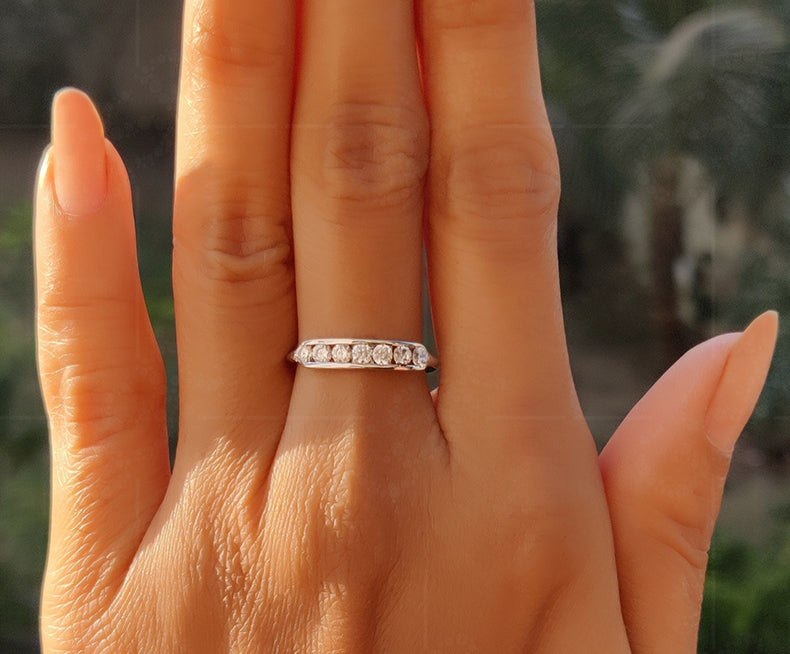 Anniversary Gold Ring - Stunning Silver and Solid Gold Round Colorless Moissanite Channel Set Ring. Moissanite Stackable Beauty, Perfect for a Dainty Minimalist Look