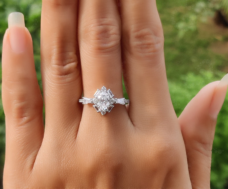 Elegant Oval Solitaire Halo Engagement Ring - Silver and Gold Minimalist Beauty with Colorless Moissanite - Dainty Wedding Ring