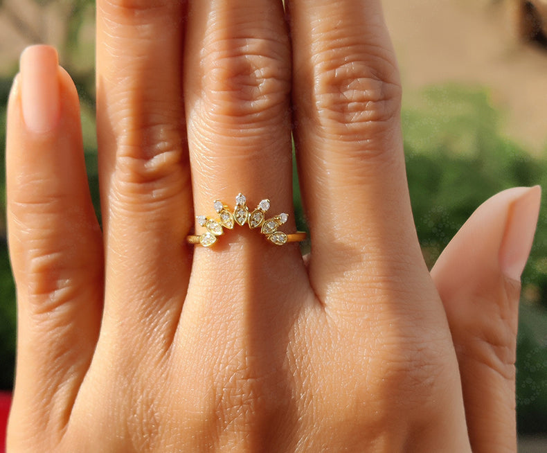 Elegant Curved Gold Wedding Band - Perfect Stackable Round Moissanite Ring with Nesting Dainty Beauty - Silver and Gold Stacking Ring, Ideal Crown Style Matching Band