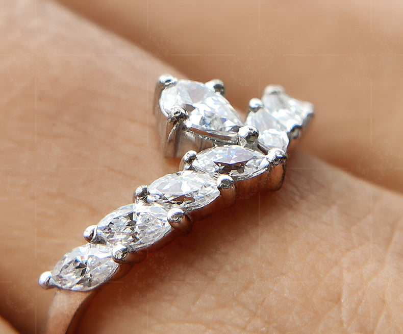 Elegant Marquise Cut and Pear Shaped Wedding Band - Ideal Anniversary Ring for Women - Chevron Matching Band with Moissanite Stones - Versatile Bridal Stacking Beauty