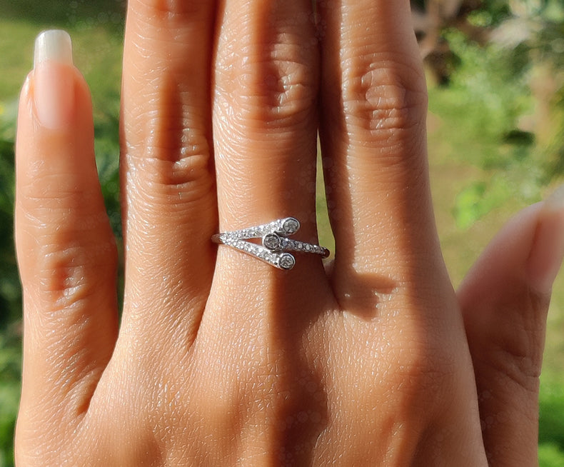 Elegant Unique Stacking Ring - Round Colorless Moissanite Beauty in Dainty Silver and Gold - Versatile Stackable Ring with Cross Over Split Shank - Minimalist Style