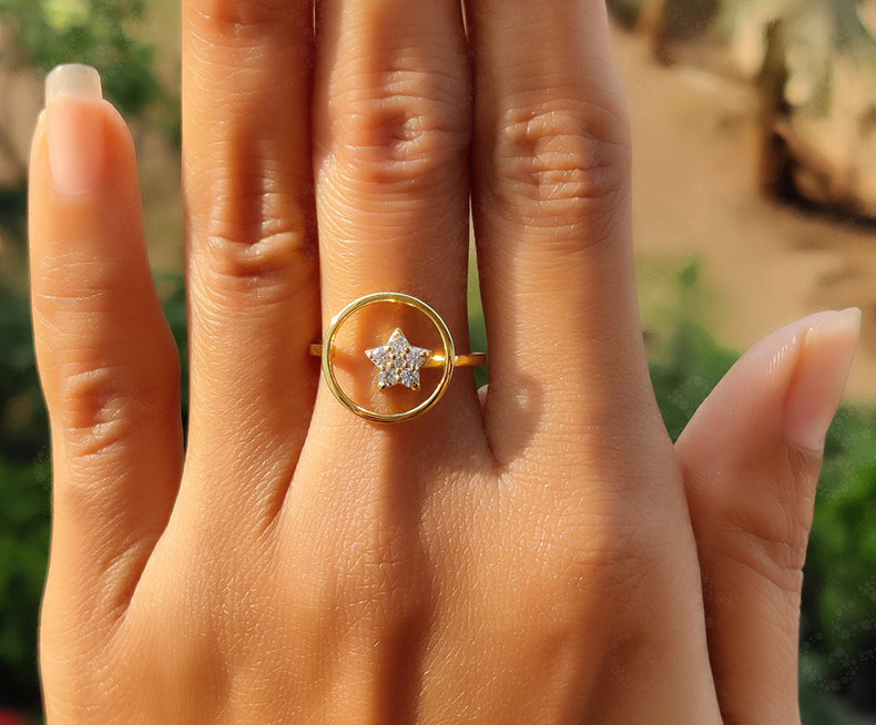 Elegant Hollow Circle Star Dainty Gold Minimal Ring - Silver and Gold Stackable Beauty - Moissanite Stacking Ring, a Perfect Anniversary Gift and Minimalist Delight