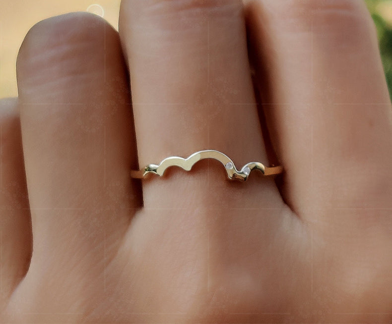 Elegant Plain Gold and Silver Wave Style Band - Minimalist Gold Ring for Dainty Wedding Band Women - Ocean Wave Delicate Stackable Beauty with Flush Two Stone Band