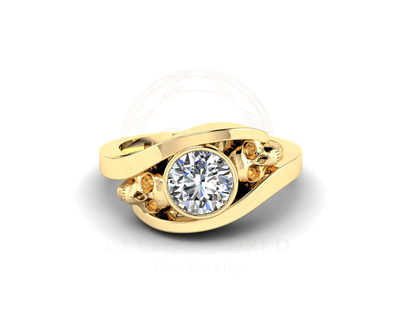 14K Solid Gold Ring Cross Over Solitaire Ring Two Skull Ring