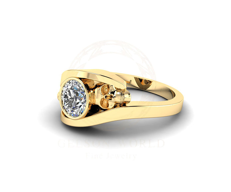 14K Solid Gold Ring Cross Over Solitaire Ring Two Skull Ring