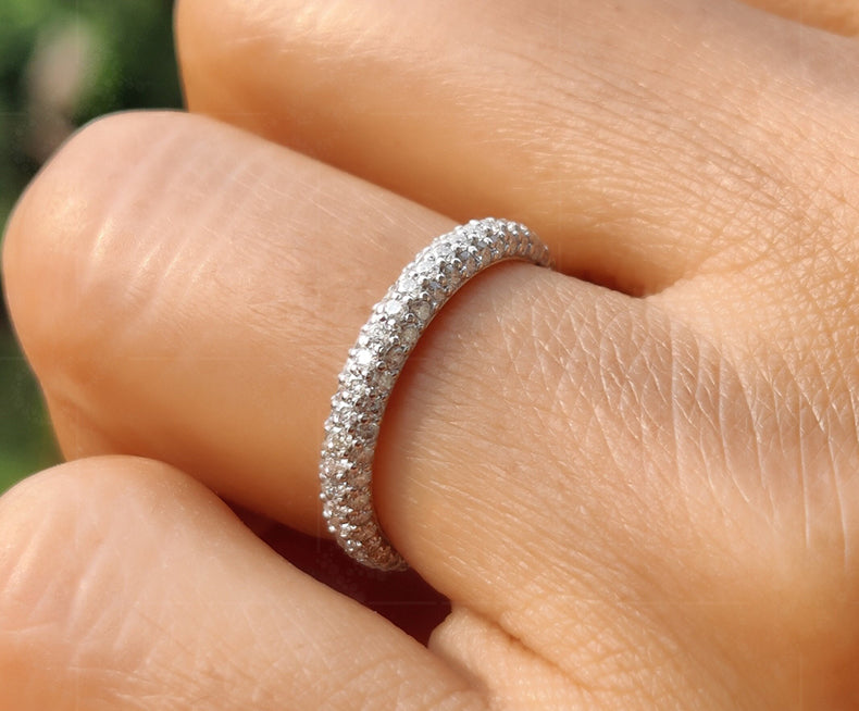 Elegant 2.5mm Three Row Micropavé Lab Diamond Dome Eternity Wedding Band - Silver and Gold 3 Row Lab Grown Diamond Full Eternity Beauty