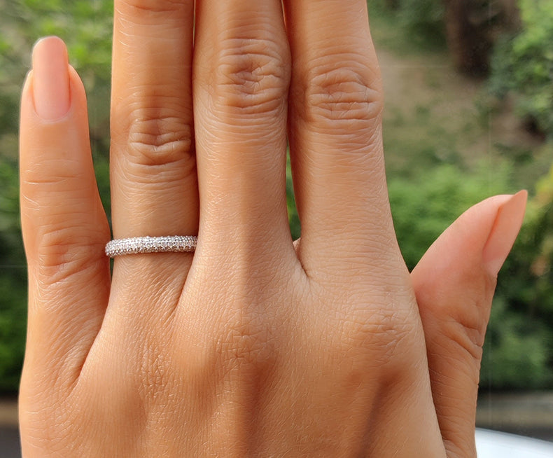 Elegant 2.5mm Three Row Micropavé Lab Diamond Dome Eternity Wedding Band - Silver and Gold 3 Row Lab Grown Diamond Full Eternity Beauty