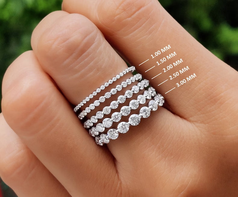 Elegant Floating Bubble Wedding Band for Women - Single Prong Set Full Eternity Band with Floating Moissanite - Bridal Round Stone Stacking Ring