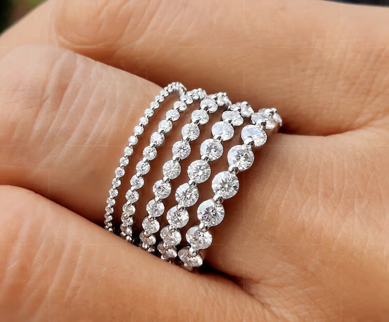 Elegant Floating Bubble Wedding Band for Women - Single Prong Set Full Eternity Band with Floating Moissanite - Bridal Round Stone Stacking Ring