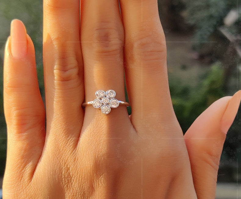 6 Stone Flower Cluster Moissanite Ring - Round Floral Engagement Ring in Silver and Gold - Minimalist Dainty Wedding Ring