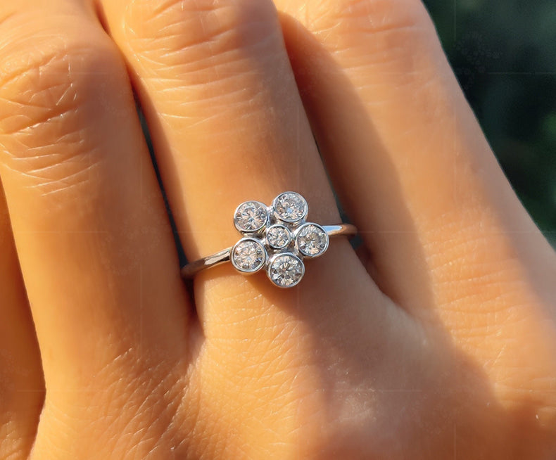 6 Stone Flower Cluster Moissanite Ring - Round Floral Engagement Ring in Silver and Gold - Minimalist Dainty Wedding Ring