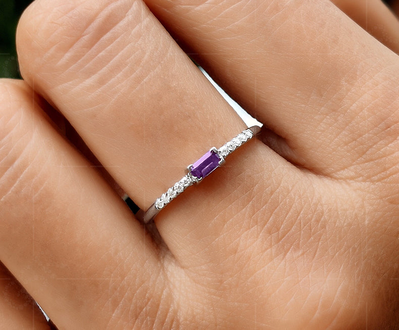 Amethyst Baguette Birthstone Ring - Purple Stone Ring For Mom - Dainty Stacking Ring For Women - February Gemstone Minimalist Ring