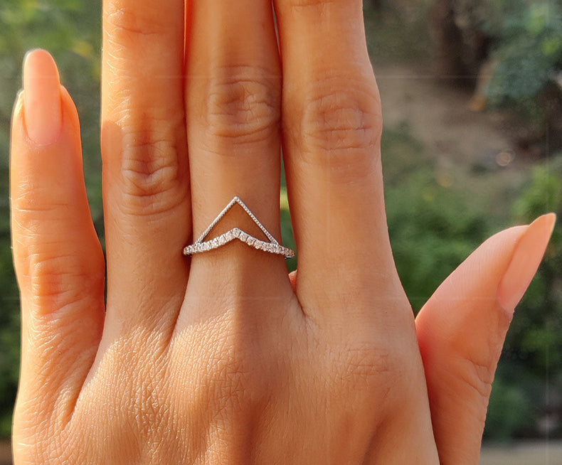 Art Deco Elegance: Silver and Gold Round Moissanite Double Chevron V Stack Rings for Women