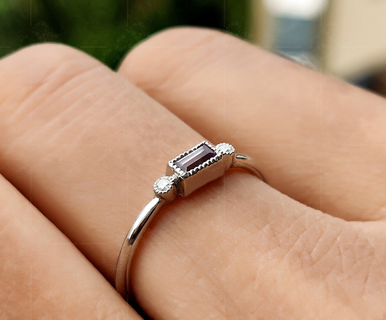 Baguette Alexandrite Birthstone Ring - Bezel Set Stackable Ring for Women