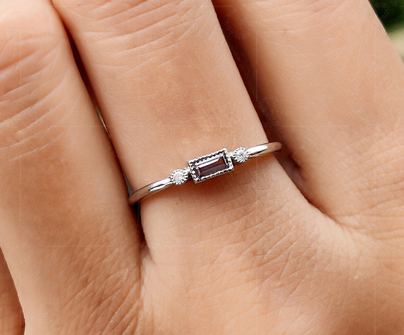 Baguette Alexandrite Birthstone Ring - Bezel Set Stackable Ring for Women