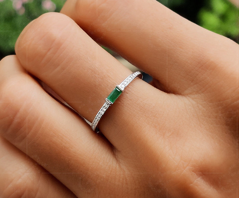 Baguette Emerald Stacking Ring - May Birthstone Minimalist Ring - Silver and Gold Dainty Gemstone Ring for Women - Simple Stackable Ring