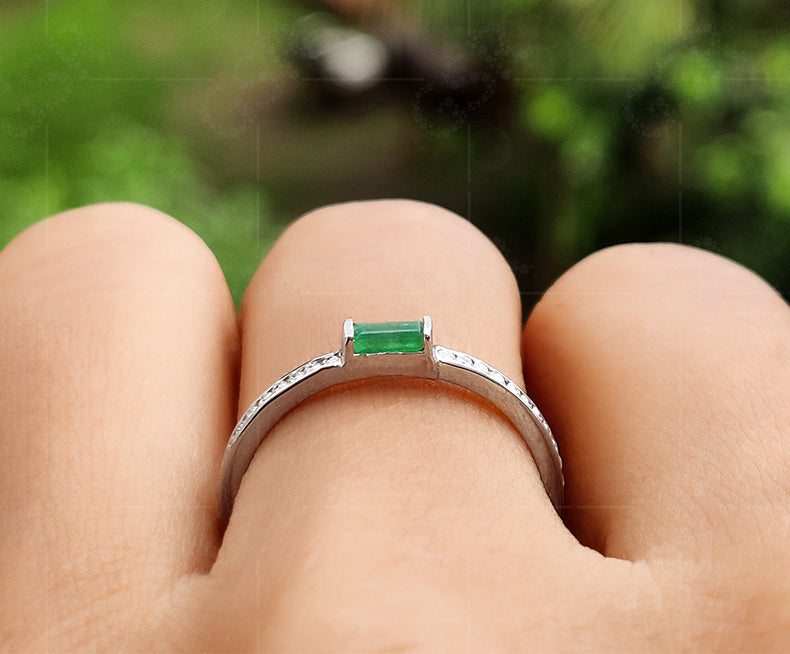 Baguette Emerald Stacking Ring - May Birthstone Minimalist Ring - Silver and Gold Dainty Gemstone Ring for Women - Simple Stackable Ring