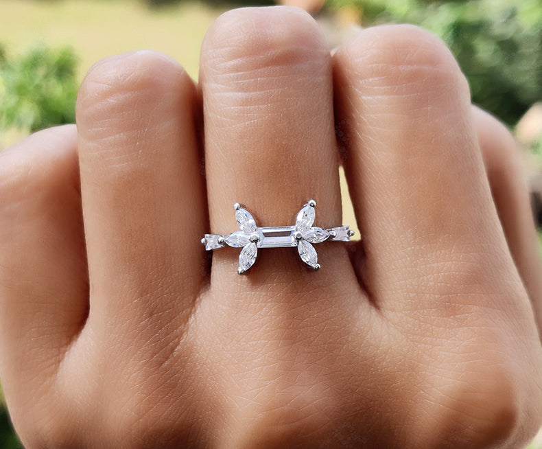 Baguette & Marquise Moissanite Stacking Ring - Silver and White Gold Stackable Ring - Minimalist Dainty Promise Ring - Gift For Her