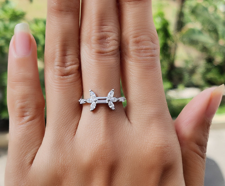 Baguette & Marquise Moissanite Stacking Ring - Silver and White Gold Stackable Ring - Minimalist Dainty Promise Ring - Gift For Her