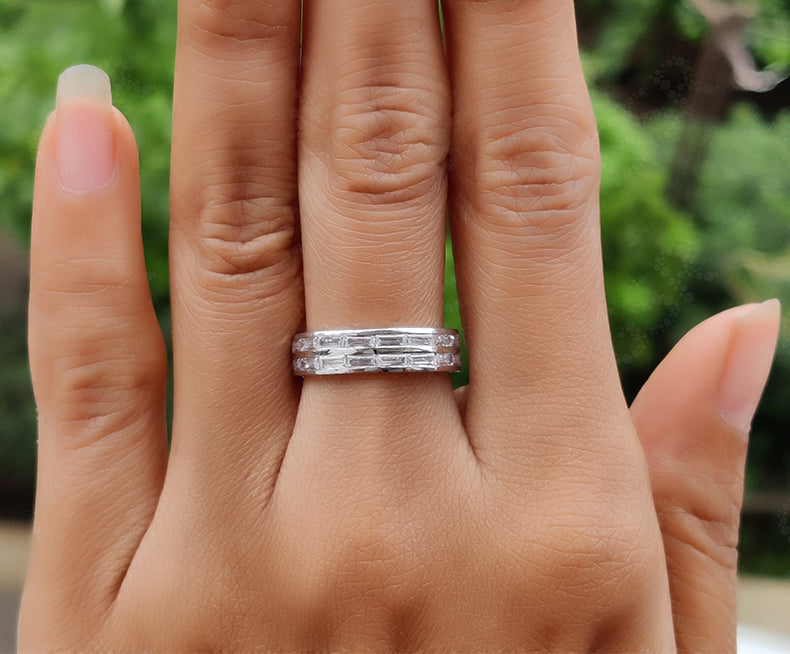 Baguette Moissanite Eternity Ring - 2 Row Silver and Gold Minimalist Band