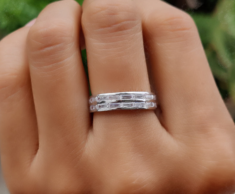 Baguette Moissanite Eternity Ring - 2 Row Silver and Gold Minimalist Band