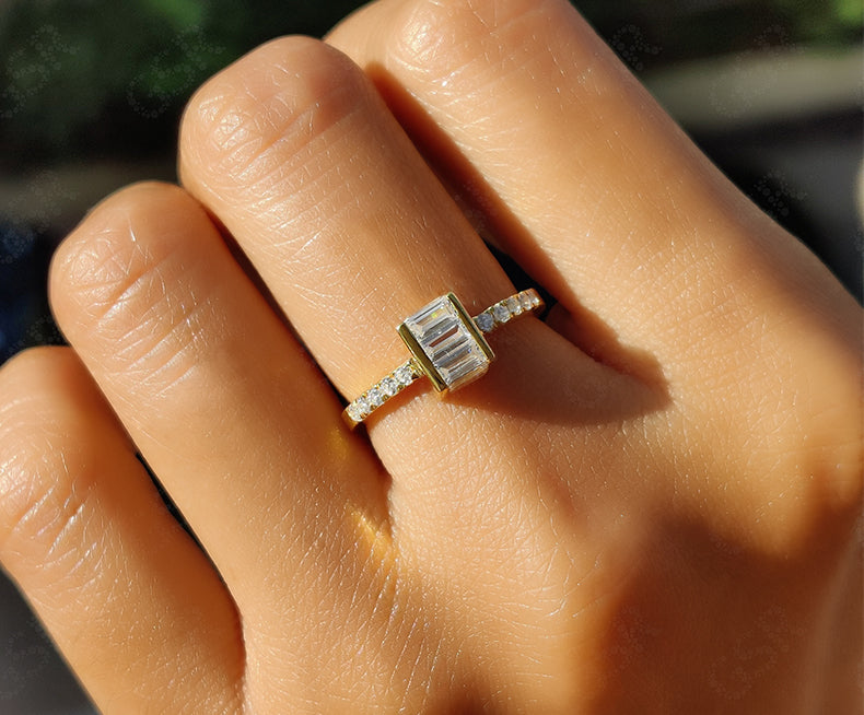 Baguette Moissanite Stacking Ring - Silver and Yellow Gold Stackable Ring - Unique Minimalist Jewelry Design - Dainty Promise Ring
