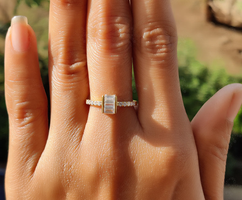 Baguette Moissanite Stacking Ring - Silver and Yellow Gold Stackable Ring - Unique Minimalist Jewelry Design - Dainty Promise Ring