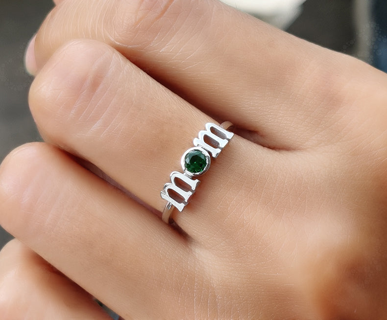 Cherished Mom Ring - Custom Initial Birthstone Ring for Personalized Birthday Gifts - Silver and Gold Dainty Letter Ring - Thoughtful Gift for Mom