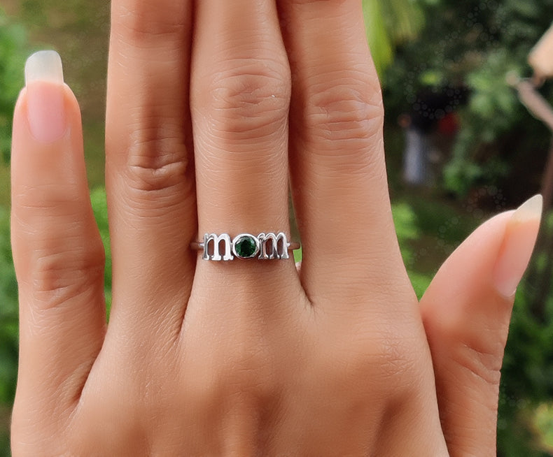 Cherished Mom Ring - Custom Initial Birthstone Ring for Personalized Birthday Gifts - Silver and Gold Dainty Letter Ring - Thoughtful Gift for Mom