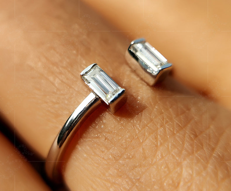 Chic Baguette Open Cuff Ring for Women - Two Stone Gap Wedding Band - Moissanite Stackable Beauty - Minimalist Toi Et Moi Stacking Ring - Gelson World - Premium Silver and Gold Jewelry for USA Shoppers
