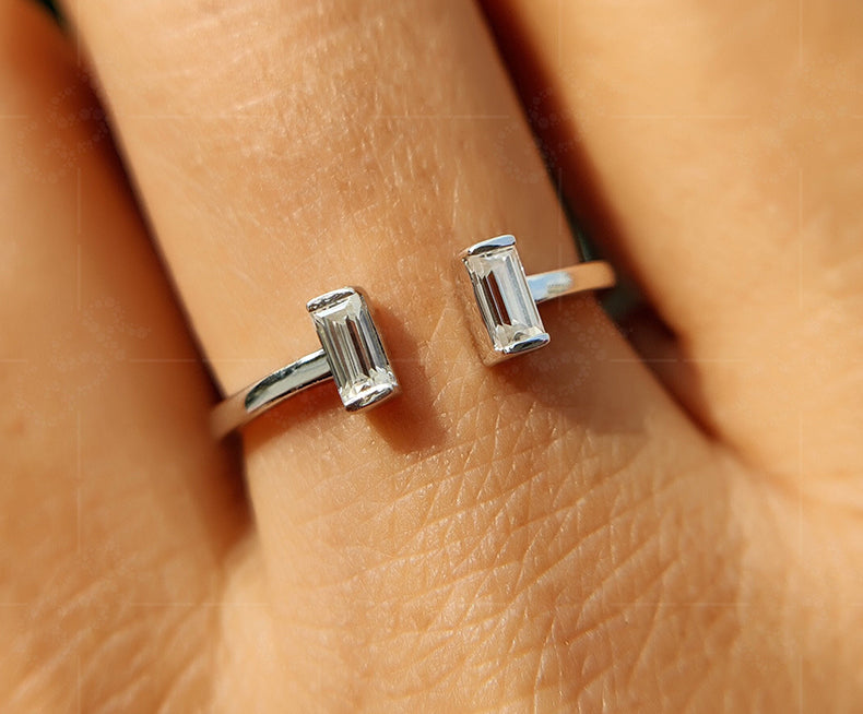 Chic Baguette Open Cuff Ring for Women - Two Stone Gap Wedding Band - Moissanite Stackable Beauty - Minimalist Toi Et Moi Stacking Ring - Gelson World - Premium Silver and Gold Jewelry for USA Shoppers