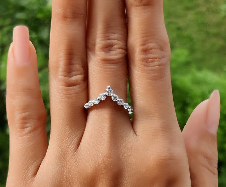 Chic Chevron Ring - V-Shape Round Colorless Moissanite Curved Wedding Band - Silver and White Gold Dainty Promise Ring - Perfect Anniversary Gift