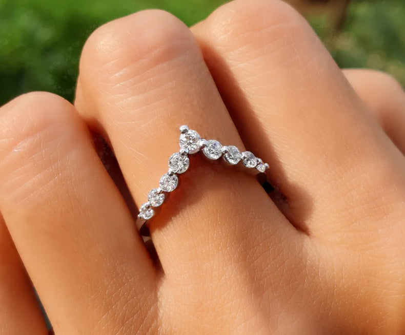 Chic Chevron Ring - V-Shape Round Colorless Moissanite Curved Wedding Band - Silver and White Gold Dainty Promise Ring - Perfect Anniversary Gift