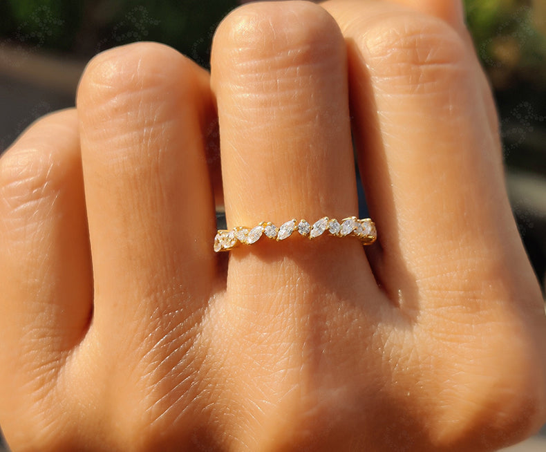 Chic Dainty Stacking Ring - Minimalist Gold Ring with Alternating Marquise and Round Moissanite - Silver and Gold Half Eternity Wedding Ring