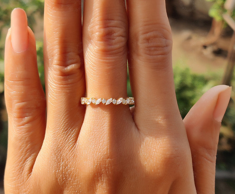 Chic Dainty Stacking Ring - Minimalist Gold Ring with Alternating Marquise and Round Moissanite - Silver and Gold Half Eternity Wedding Ring