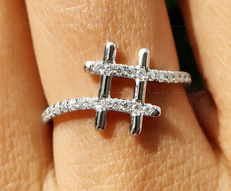 Chic Hashtag Sign Ring - Special Symbol Minimalist Beauty with Unique Pave Moissanite - Ideal Dainty Anniversary and Everyday Ring